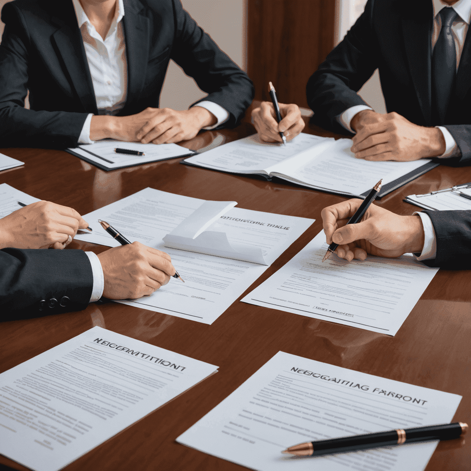 Imagen de una mesa de negociación con documentos inmobiliarios y dos partes en disputa siendo mediadas por un abogado