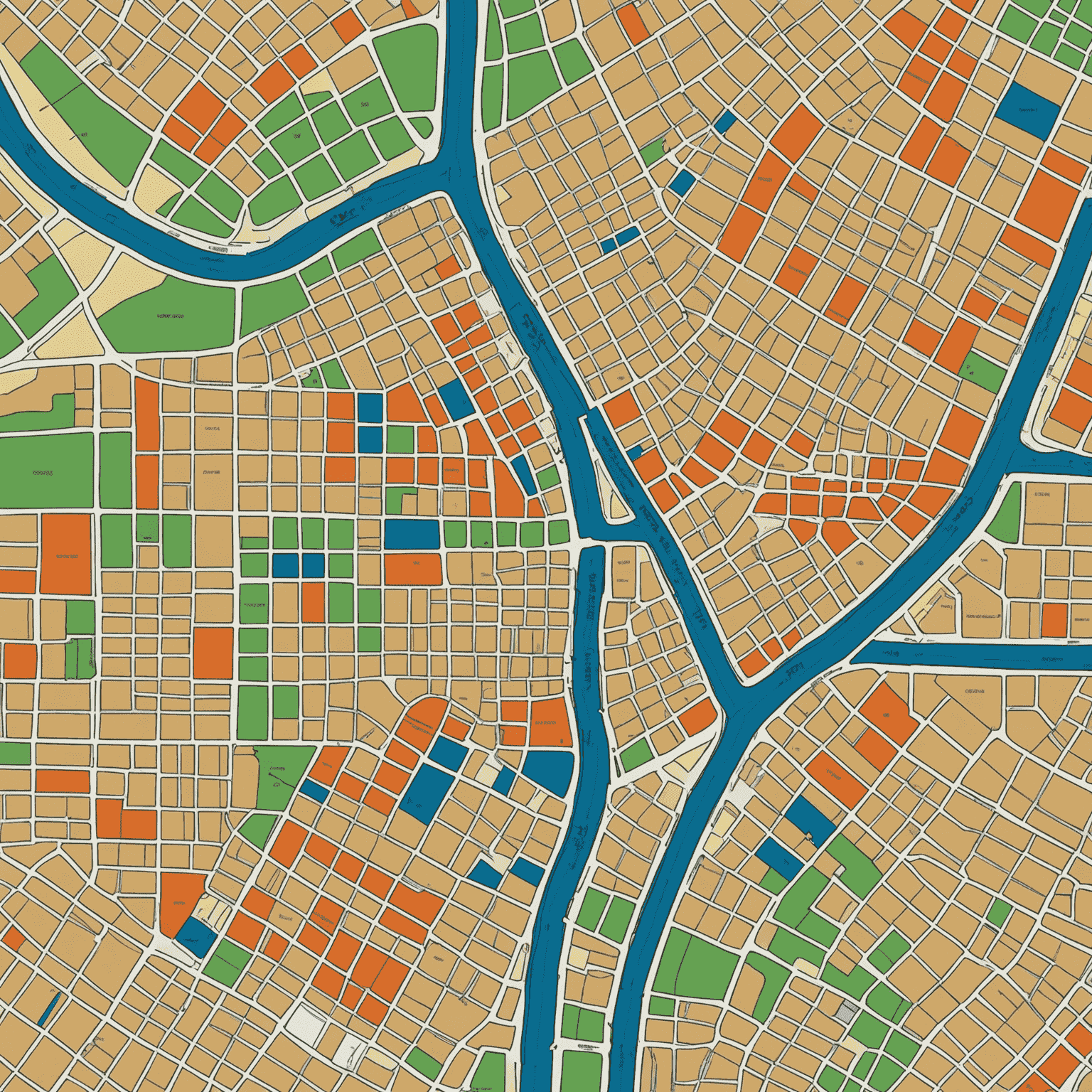 Imagen de un mapa de zonificación con diferentes áreas marcadas en colores distintos, representando varios usos del suelo como residencial, comercial e industrial
