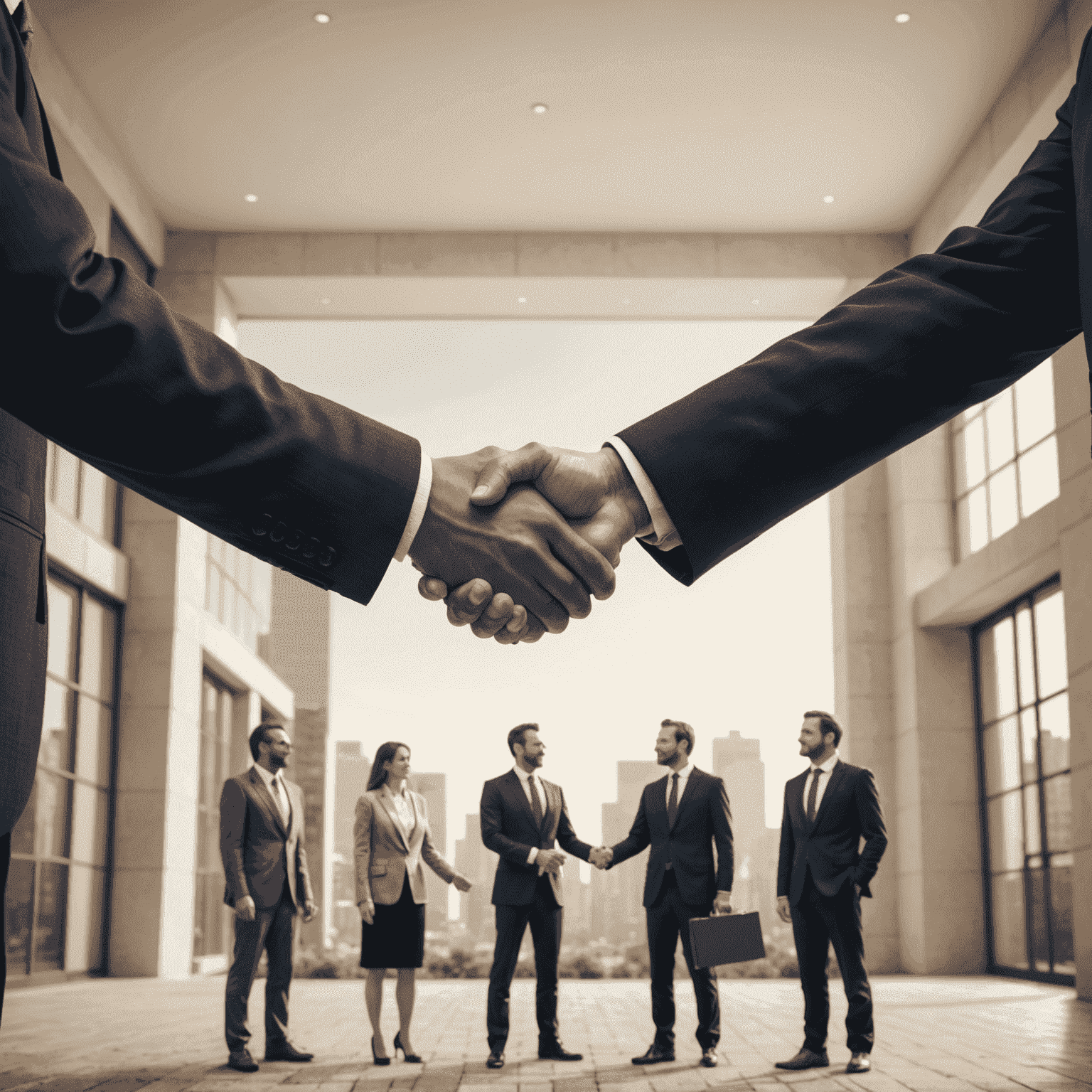 Imagen de dos personas estrechando manos con un mediador en el centro, simbolizando la resolución de disputas inmobiliarias